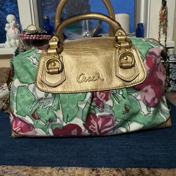 Coach Floral Canvas Satchel with Gold Leather Trim and Pink Blossoms - Picture 2 of 7